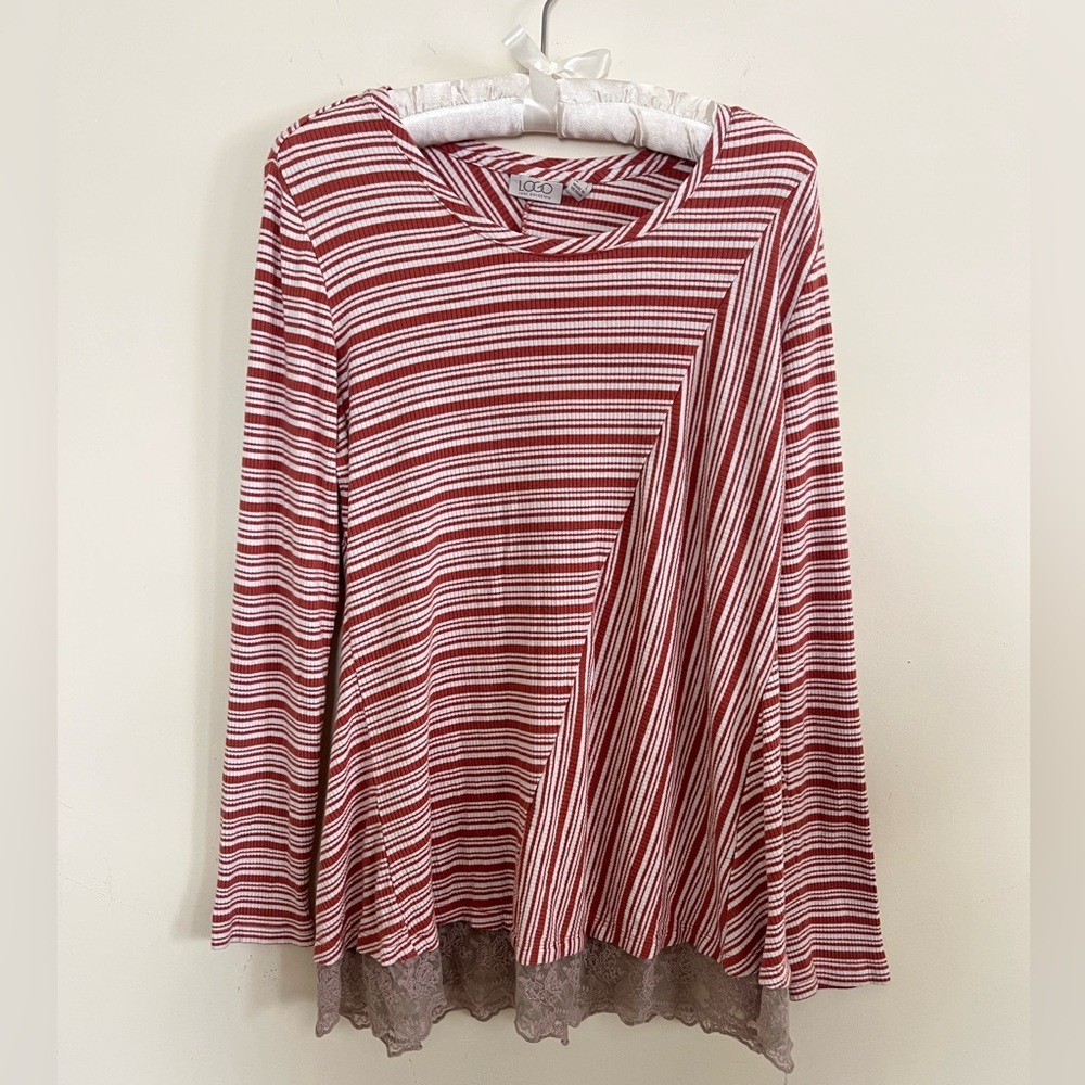 LOGO by Lori Goldstein Red and White‎ Striped Long Sleeve Top